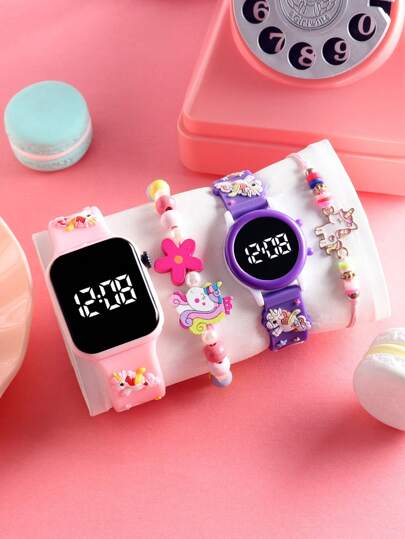 4 Pieces Of Fashionable And Versatile Children's Watches For Girls, With Affordable Prices For The Back-To-School Season. These Watches Feature Cartoon Unicorn Decorations, LED Digital Hands, And Are Made Of Electronic Materials.