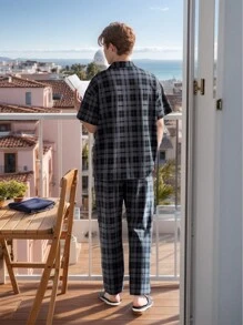 2 piezas Conjunto de ropa informal de verano, camiseta de manga corta de cuadros ligera y pantalones para hombres - Gris - Ver 5