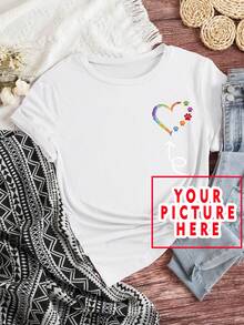 Personalized Custom Photo Women's T-Shirt, Custom Gift T-Shirt, DIY Clothing Support Adding Your Favorite Photo Casual White Summer - White - View 2