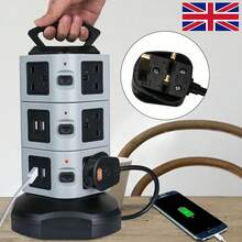 EXTENTION LEAD VERTICAL POWER STRIP TOWER MULTI PLUG USB UK SOCKET 2M CABLE - Black - View 9