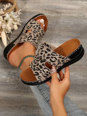 Ladies' Summer Fashion Leopard Print Slip-On Sandals With Wedge Heel And Platform Sole