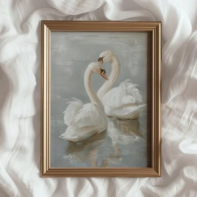 1/3 件白天鹅莲花复古动物艺术品海报帆布画墙面艺术画家居乡村农舍装饰可选画框