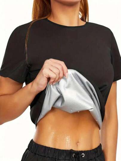 Damtopp med svettförstärkning, kortärmad t-shirt, termiskt fitnesslinne för midjeträning