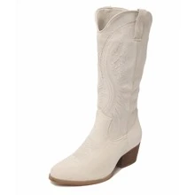 Women Western Cowboy Boots – Embroidered Mid-Calf Chunky Heel Cowgirl Boots With Side Zipper Stylish Comfortable Suede Fall/Winter Boots For Country Concert, Rodeo, Nashville Trip, Festival & Daily Wear [Size Up Half Size] - 白色 - 查看 3