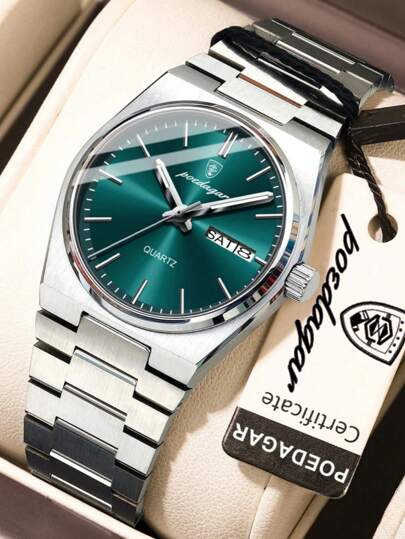 1pc Elegant Women's Stainless Steel Date Week Quartz Watch, Fashion Ladies Watches With Waterproof Luminous Function, Business Women's Watch Suitable For Work Occasions, Gifts For Women