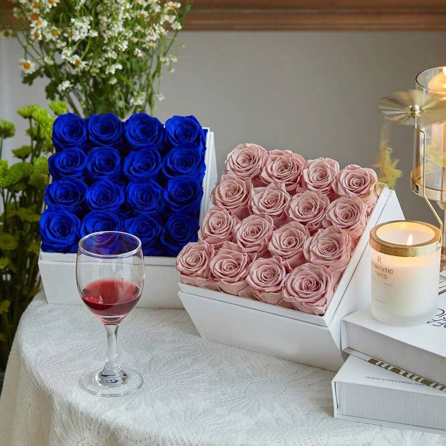 16Pieces Forever Rose Preserved Roses In Acrylic Box, Forever Flowers