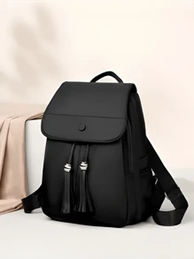 Mochila De Gran Capacidad Para Estudiantes Con Cubierta Abatible Y Correa Para El Hombro Para con cordón de solapa clásica, minimalista con gran capacidad para portátil, trabajo casual de negocios para mujeres, resistente al agua, adecuada para bolsa funcional de viaje universitaria para la escuela, capacidad grande, portátil, compartimento para portátil, para adolescentes, mujeres, estudiantes universitarios, hombres, colegio, escuela primaria, escuela media, escuela secundaria, trabajo, negocios, viajes, salida al aire libre. - Negro - Ver 8