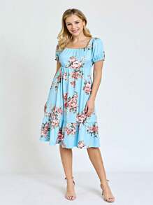 Boho Retro Ditsy Floral Flutter Puff Sleeve Square Neck Tiered Ruffle Tea Midi Length Classic Bridgerton Dress - Mint Blue - View 4