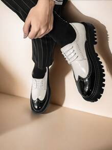 Korean Style Brogue Leather Shoes, Black & White Two Tone Platform Boots For Teenagers