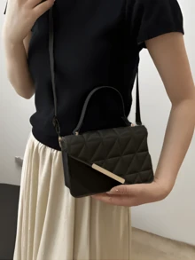Bolso De Mano De Diseño De Cuadros Exquisito Y Elegante Bolso Portátil Con Asa Superior Con Mini, Presionado Con Correa De Hombro Ajustable Y Cubierta De Material De Cambio De Pu, acolchado con solapa irregular de PU para adolescentes, Perfecto Para Mujeres En Movimiento, Compras, Citas, Fiestas Y Como Regalo,  mujeres, estudiantes universitarias, novatos y trabajadores de cuello blanco, perfecto para la oficina, la universidad, el trabajo, los negocios, los desplazamientos, al aire libre, los viajes, las excursiones - Negro - Ver 3
