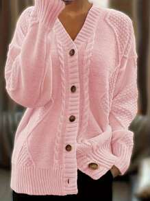 Women's Plus Size Autumn And Winter Daily Solid Color Simple Button Knitted Long-Sleeved Sweater Jacket Cardigan - Pink - View 1