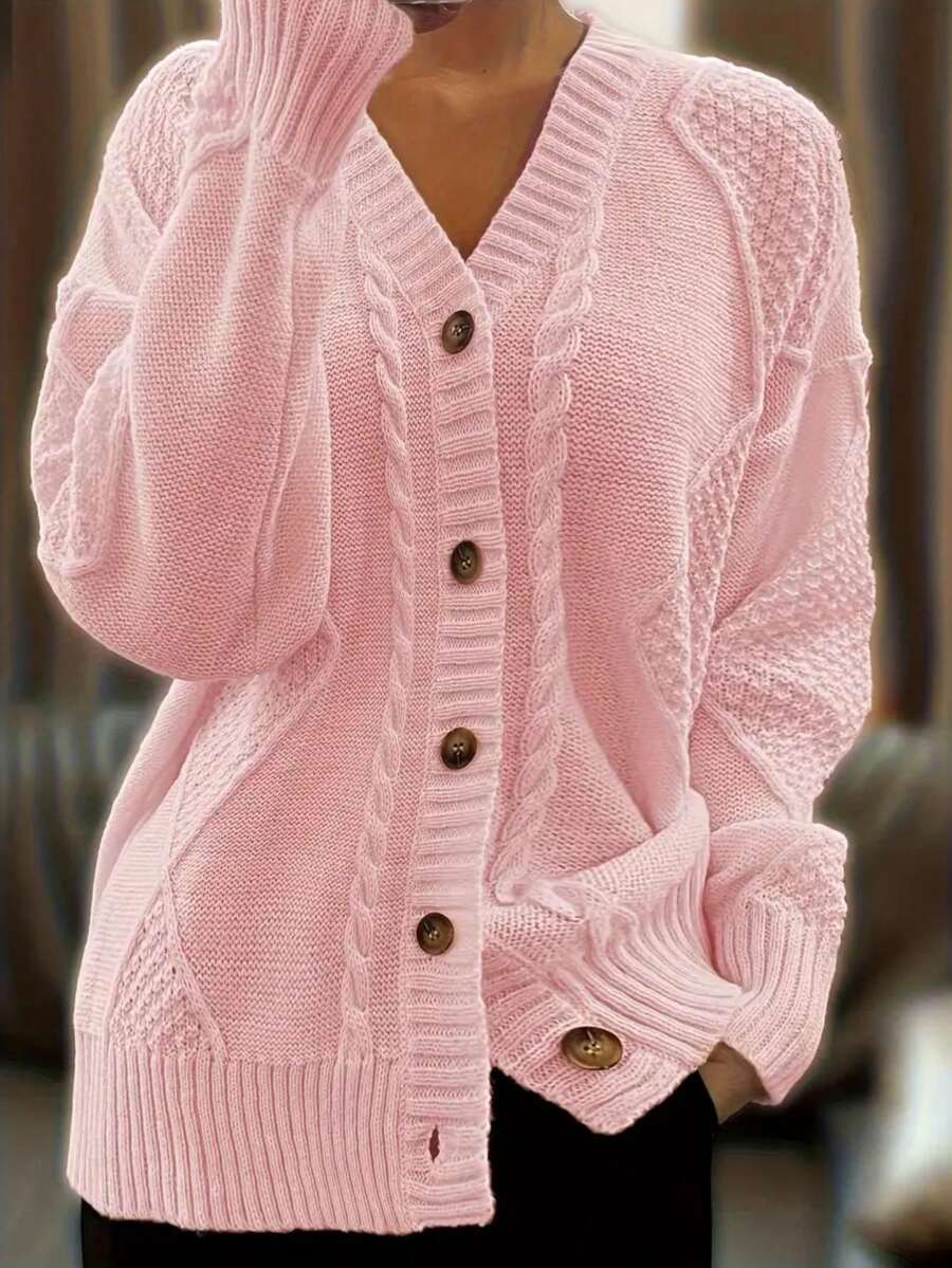 Women's Plus Size Autumn And Winter Daily Solid Color Simple Button Knitted Long-Sleeved Sweater Jacket Cardigan - Pink - View 1