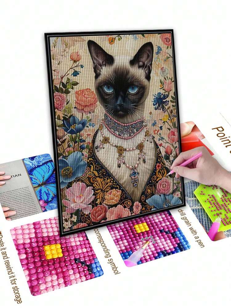 Gatto siamese - Pittura diamante 5D fai da te Kit punto croce animale ricamo pieno tondo trapano Decor Art Craft 40x50cm