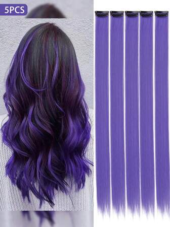 5 PCS Purple Colored Clip In Hair Extensions 20 Inch Long Straight Hairpieces Clip In Synthetic, Halloween Cosplay Dress Up Fashion Party Christmas New Year Gift For Women Christmas New Year Carnival Music Festival Use(Purple)