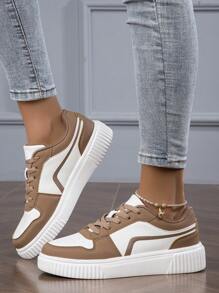 女士休闲时尚低帮平底系带透气拼接运动鞋，轻便舒适滑板鞋，百搭女士鞋 - 棕色 - 查看 5