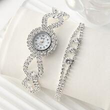 2pcs Women's Full Rhinestone Fashion Bracelet Watch Set, Bridal Gift - Silver - View 1