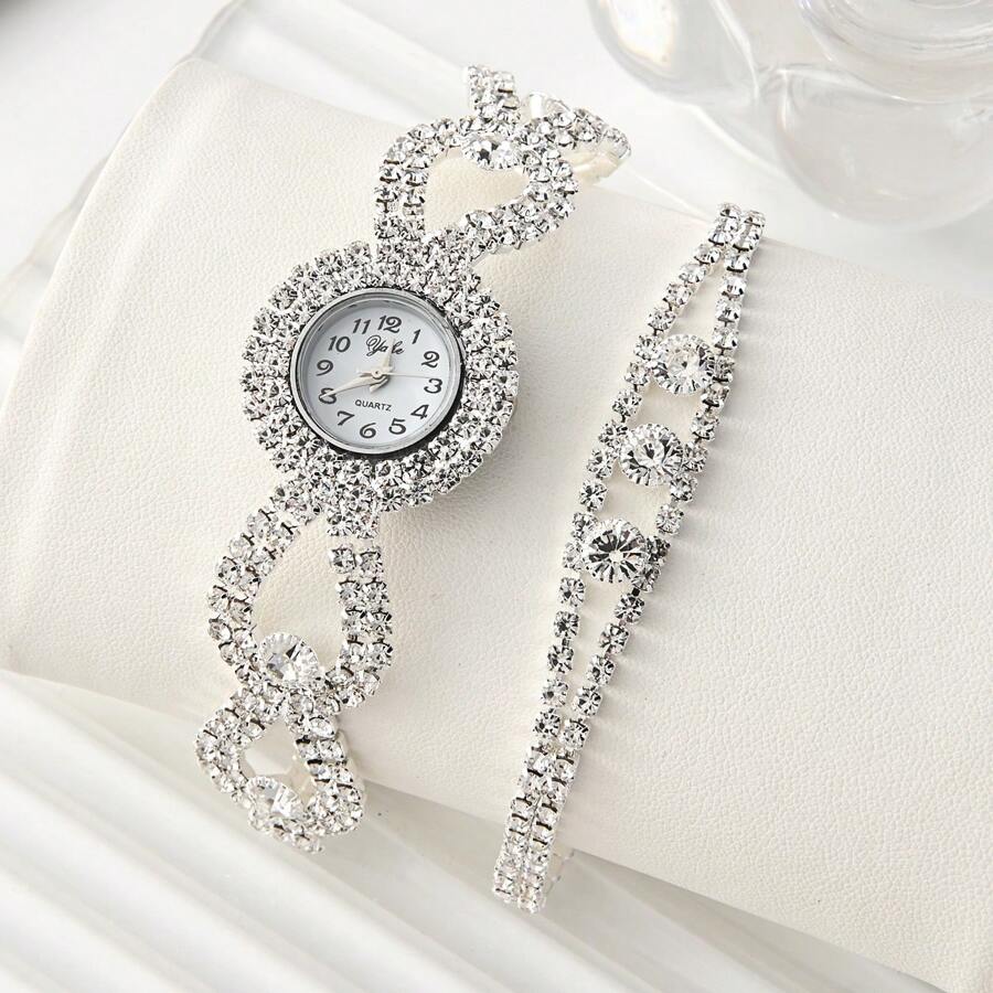 2pcs Women's Full Rhinestone Fashion Bracelet Watch Set, Bridal Gift - Silver - View 1