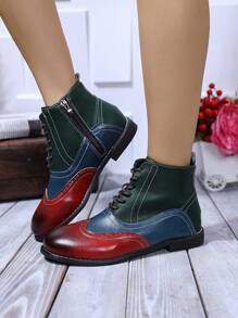 British Style Studio Photography  Boots Brogue Patchwork Leather Boots 3-Strap Retro Business Leather Boots, Lightweight Luxury Women's Shoes