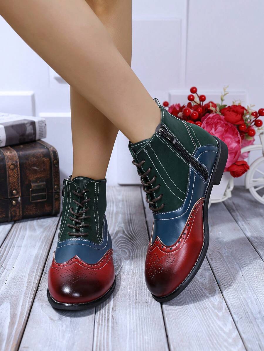 British Style Studio Photography  Boots Brogue Patchwork Leather Boots 3-Strap Retro Business Leather Boots, Lightweight Luxury Women's Shoes