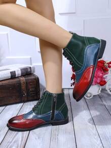 British Style Studio Photography  Boots Brogue Patchwork Leather Boots 3-Strap Retro Business Leather Boots, Lightweight Luxury Women's Shoes