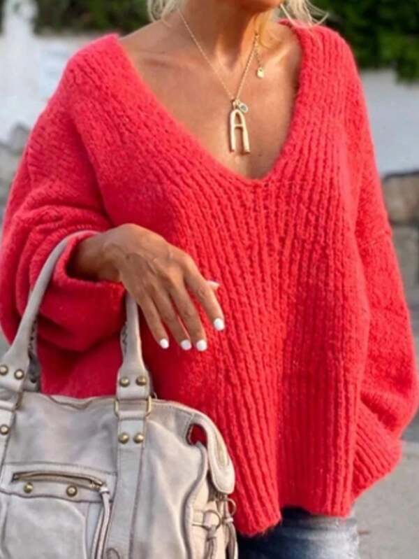 Women's Loose V-Neck Long Sleeve Pullover Solid Color Sweater, Winter