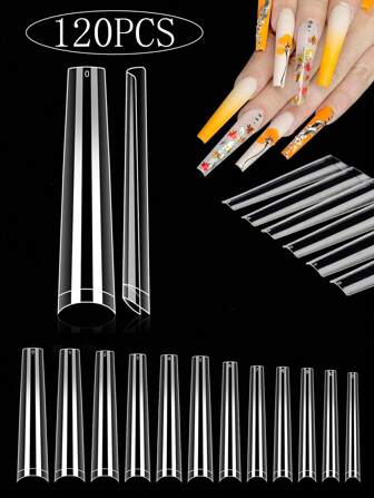 120 piezas de consejos de uñas en forma de ataúd claras largas, consejos de uñas extra largas sin curva C y media cubierta para uñas acrílicas profesionales, consejos de uñas acrílicas uñas falsas para salones y arte de uñas DIY con suministros de uñas semiterminados, pegamento para lodo, prensado de uñas y suministros de uñas. uñas falsas uña falsa uña acrílica