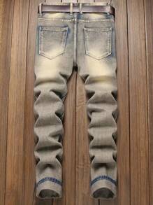 Men's Straight Fit Vintage Washed Distressed Denim Jeans