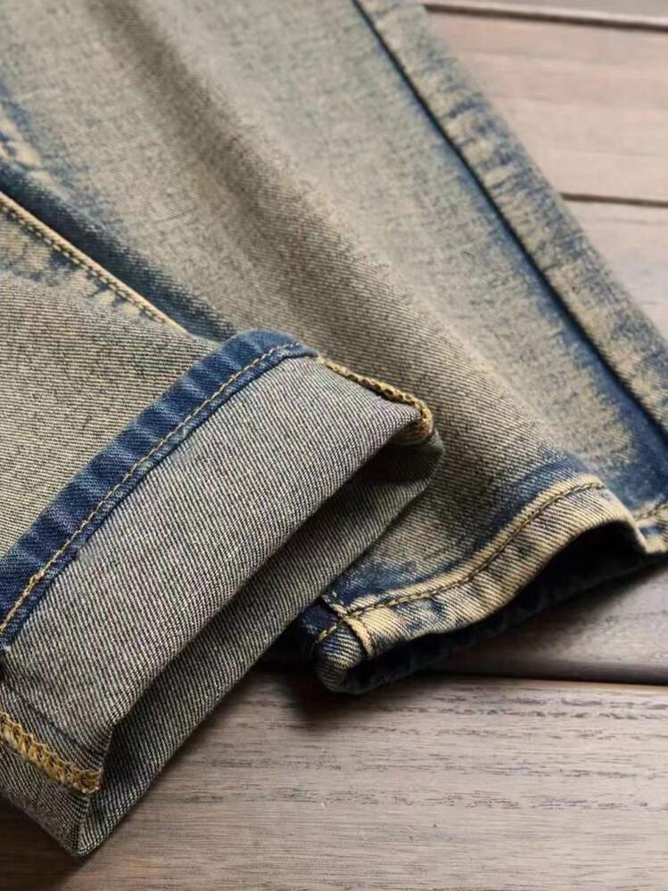 Men's Blue Straight Slim Fit Vintage Distressed Ripped Jeans - Màu xanh lam - Xem 5