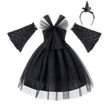 Vestido Cosplay Addams para Meninas Halloween Wednesday com Malha Splice, Vestido Preto com Capa de Manga e Acessório de Cabelo, Para Primavera e Outono