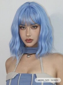 14 Inch Purple Wavy Synthetic Wig With Bangs Short Bob Purple Wigs Curly Wavy Shoulder Length Cosplay Wig Daily Colorful Wigs - Blue - View 4