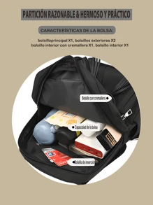 Mochila De Gran Capacidad Para Estudiantes Con Cubierta Abatible Y Correa Para El Hombro Para con cordón de solapa clásica, minimalista con gran capacidad para portátil, trabajo casual de negocios para mujeres, resistente al agua, adecuada para bolsa funcional de viaje universitaria para la escuela, capacidad grande, portátil, compartimento para portátil, para adolescentes, mujeres, estudiantes universitarios, hombres, colegio, escuela primaria, escuela media, escuela secundaria, trabajo, negocios, viajes, salida al aire libre. - Negro - Ver 7