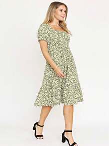 Boho Retro Ditsy Floral Flutter Puff Sleeve Square Neck Tiered Ruffle Tea Midi Length Classic Bridgerton Dress - màu xanh lá - Xem 3