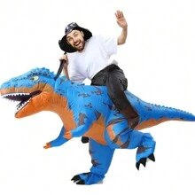 Disfraz inflable de dinosaurio de dibujos animados para adultos, disfraz de montar tiranosaurio rex, conjunto inflable de dinosaurio divertido para Halloween/carnaval - Azul - Ver 7