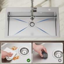 Kitchen Sink Stainless Steel 75x45x19CM Sink 1 Basin With Foldable Drainer And Drainage System, Built-In Sink For 80cm Cabinets - Brushed - View 8