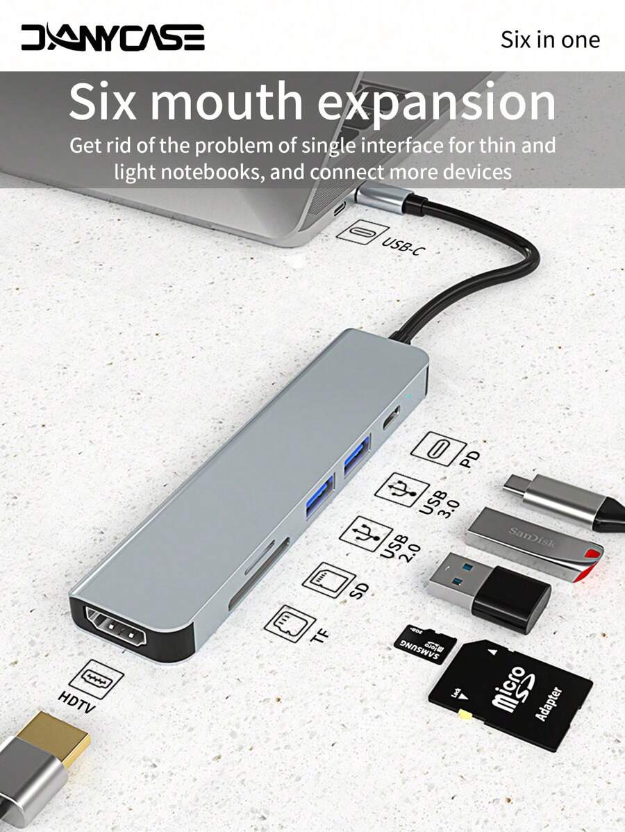 Bộ chia USB C 6 trong 1 4K 30Hz Type C sang HDTV - Bộ chuyển đổi USB 3.0 2.0 Type C HUB Dock PD 87W Bộ chia USB C tương thích với Samsung HP - 6 trong 1 - Xem 1