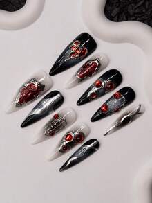 杏仁形手工按压指甲，Y2K 辣妹风格，渐变黑白腮红板，不对称金属液体和红色金属心形元素设计。纯手工按压指甲，适合女性和女孩，闪闪发光。一包 10 块指甲板，有 3 种尺寸可供选择。适合派对、舞会和日常穿着，配有工具包。可以作为礼物送给女性和女孩。 - 彩色 - 查看 3