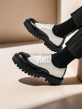 Korean Style Brogue Leather Shoes, Black & White Two Tone Platform Boots For Teenagers