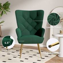 Nalupatio Mid-Century Modern Velvet Accent Chair, Tufted Wingback Armchair With Metal Legs, High Back Upholstered Reading Chair For Living Room & Bedroom - 綠色 - 查看 3