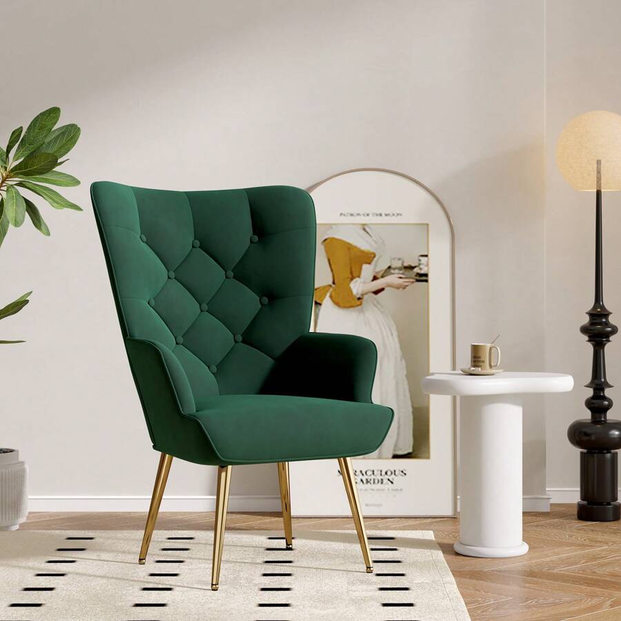 Nalupatio Mid-Century Modern Velvet Accent Chair, Tufted Wingback Armchair With Metal Legs, High Back Upholstered Reading Chair For Living Room & Bedroom - 綠色 - 查看 1