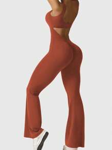 Speed mate 女士无袖瑜伽连体裤，具有提臀效果和露背设计，喇叭裤塑身衣 - 棕色 - 查看 5