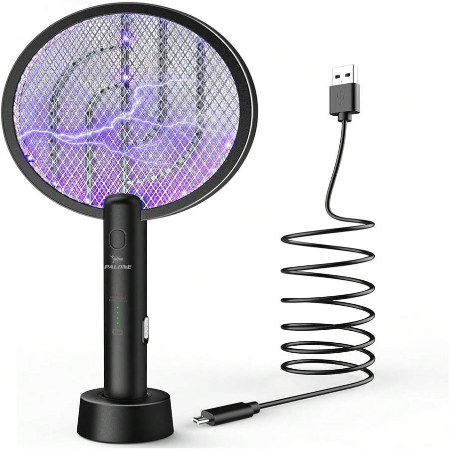 PALONE Electric Fly Swatter Rechargeable Mosquito Fly Killer 2in1 Fly Zapper Racket 4000v Bug Zapper Type-C Fly Catcher With Ultraviolet Lamp Indoor Home Outdoor Backyard Terrace Camping - Black - View 1