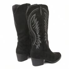 Women Western Cowboy Boots – Embroidered Mid-Calf Chunky Heel Cowgirl Boots With Side Zipper Stylish Comfortable Suede Fall/Winter Boots For Country Concert, Rodeo, Nashville Trip, Festival & Daily Wear [Size Up Half Size] - 黑色 - 查看 5