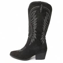 Women Western Cowboy Boots – Embroidered Mid-Calf Chunky Heel Cowgirl Boots With Side Zipper Stylish Comfortable Suede Fall/Winter Boots For Country Concert, Rodeo, Nashville Trip, Festival & Daily Wear [Size Up Half Size] - 黑色 - 查看 2