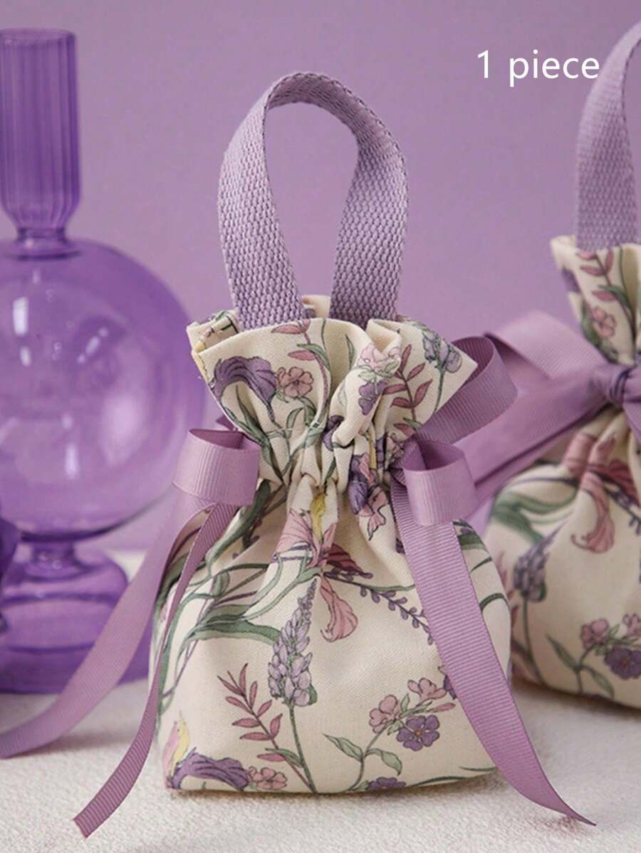1pc/Pack Multi-Color Floral Non-Woven Fabric Gift Bag, Wedding/Valentine's Day/Holiday Party Reusable Drawstring Packaging Bag - Purple - View 1