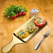 1入組帶手柄金色不銹鋼燒烤盤，適用於烤肉、甜點、烤肉串、比薩和牛排，可供作盛餐盤或壽司盤，在廚房和餐廳使用 - 金色 - 查看 3