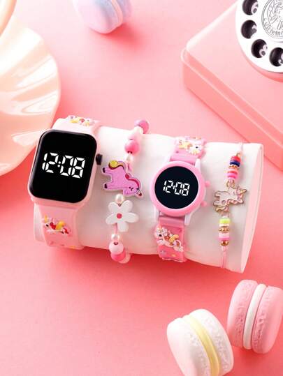 4 Pieces Of Fashionable And Versatile Children's Watches For Girls, With Affordable Prices For The Back-To-School Season. These Watches Feature Cartoon Unicorn Decorations, LED Digital Hands, And Are Made Of Electronic Materials. They Also Come With String Beads And Alloy Unicorn Bracelets. Suitable For Students