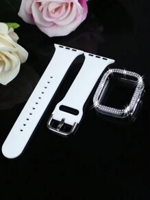 兼容 38mm、40mm、41mm、42mm、44mm、45mm、46mm 和 49mm 的 表带和表壳。采用柔软、运动休闲的硅胶表带，搭配双排镶钻、防震防刮的硬质 PC 穿孔保护壳。兼容 Ultra/11/10/9/8/7/6/5/4/3/SE 女士时尚表带和表壳。佩戴舒适，触控灵敏！ - 白色錶帶+透明殼 - 查看 6