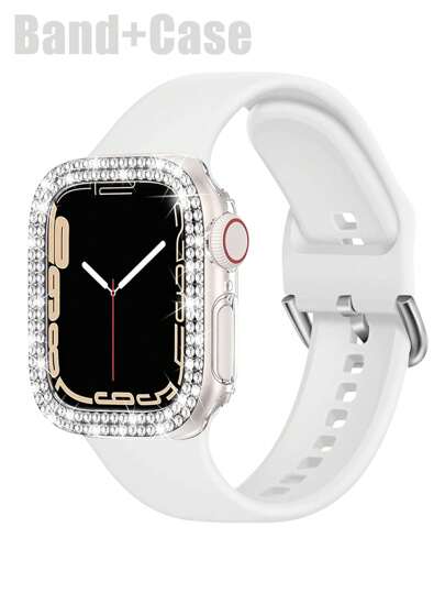 兼容 38mm、40mm、41mm、42mm、44mm、45mm、46mm 和 49mm 的 表带和表壳。采用柔软、运动休闲的硅胶表带，搭配双排镶钻、防震防刮的硬质 PC 穿孔保护壳。兼容 Ultra/11/10/9/8/7/6/5/4/3/SE 女士时尚表带和表壳。佩戴舒适，触控灵敏！