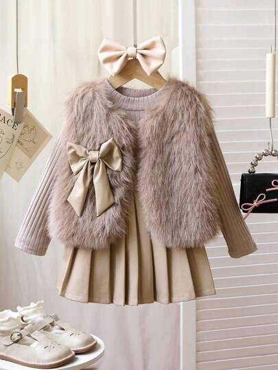 Young Girl 3pcs Fashionable Vest Coat, Long Sleeve Knit Top And Half-Body Leather Skirt Set, Spring & Autumn