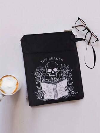 1 件时尚拉链书套 - 防水拉链书铅笔盒黑白骷髅圣经图案可水洗面料带配件口袋 - 送给读者返校、返校、学校用品的理想礼物